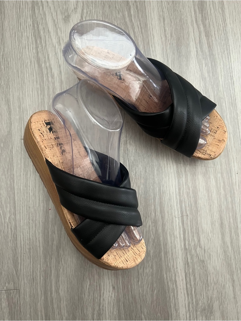 Korks Black Leather Platform Wedge Slide Sandals Size 6M